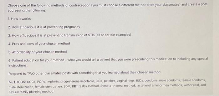 Solved Choose one of the following methods of contraception | Chegg.com