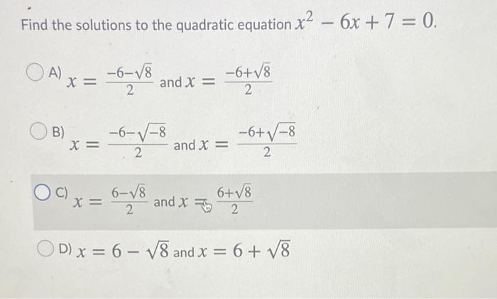 Solved Find the solutions to the quadratic equation x2 - 6x | Chegg.com
