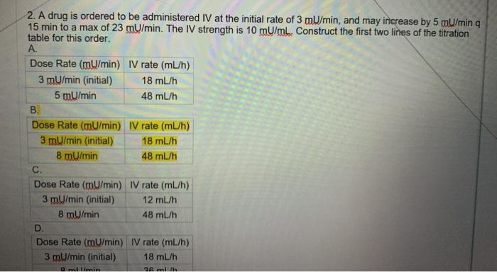 2. A drug is ordered to be administered IV at the initial rate of 3 mU/min, and may increase by 5 mU/min q 15 min to a max of