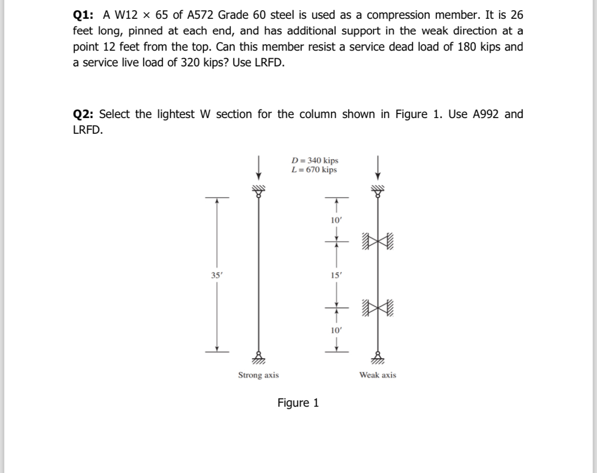 Solved Q1: A W12 ×65 ﻿of A572 ﻿Grade 60 ﻿steel is used as a | Chegg.com