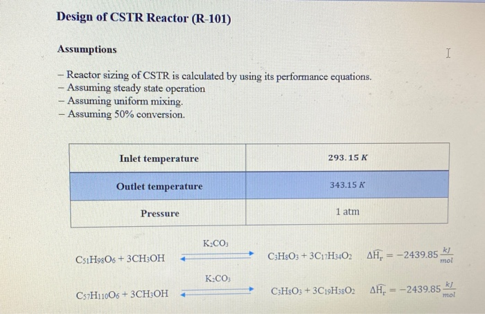 Solved Design Of CSTR Reactor (R-101) Assumptions - Reactor | Chegg.com