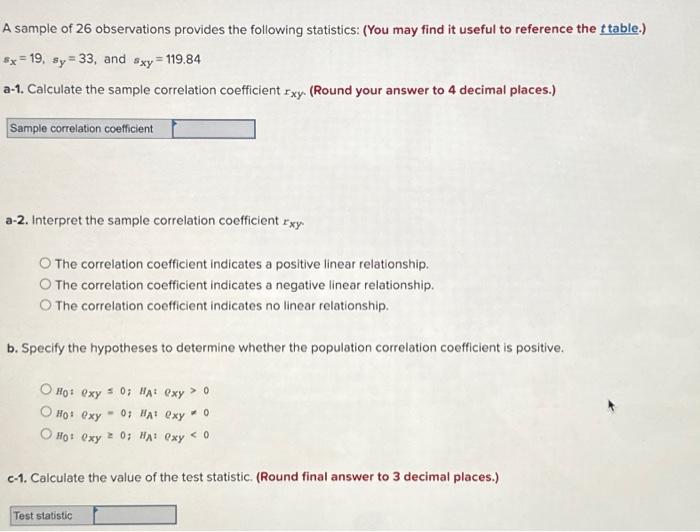 Solved A Sample Of 26 Observations Provides The Following | Chegg.com