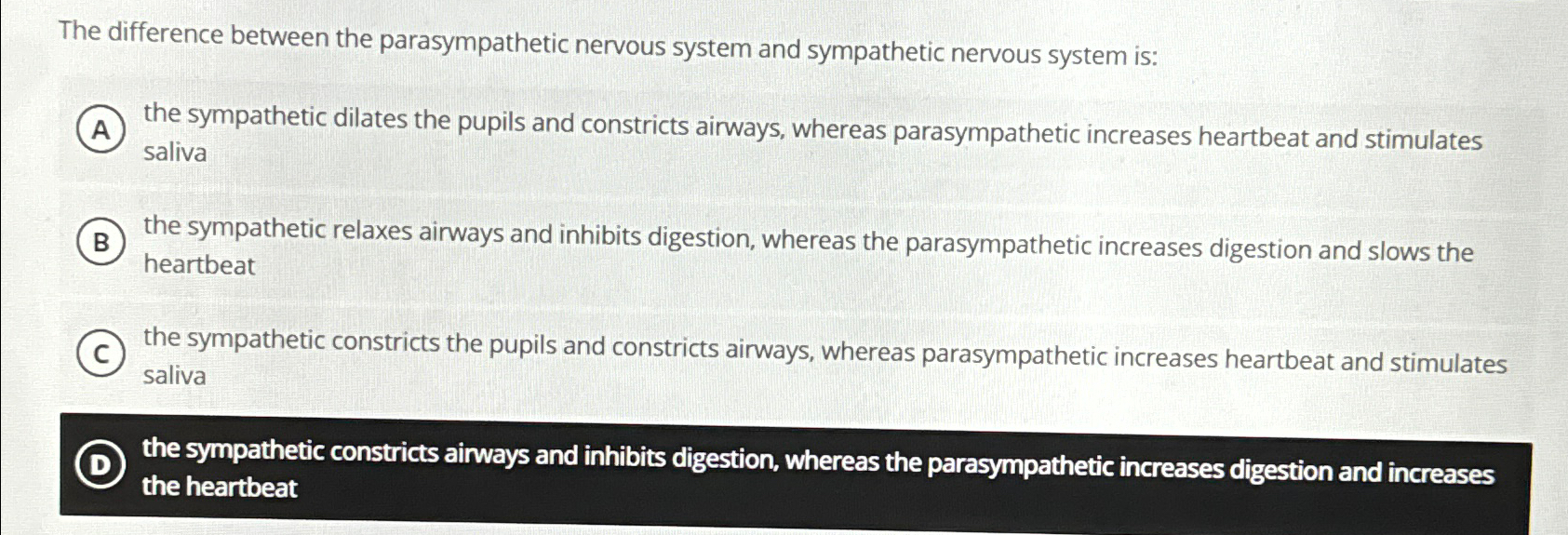 Solved The difference between the parasympathetic nervous | Chegg.com