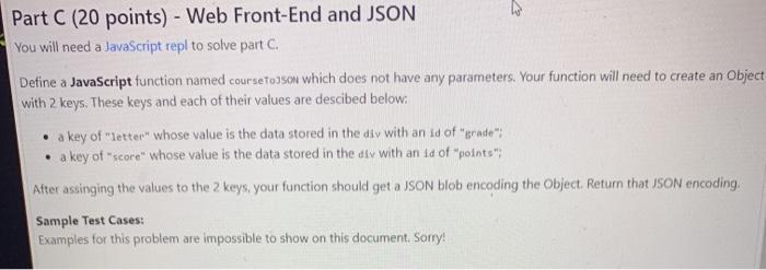 Solved Define a JavaScript function named courseToJSON which | Chegg.com