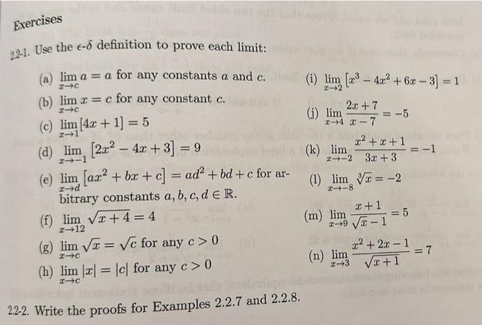 Solved Exercises 2 2 1 Use The E d Definition To Prove Each Chegg