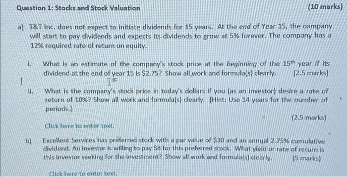 Solved Question 1: Stocks and Stock Valuation (10 marks) a) | Chegg.com