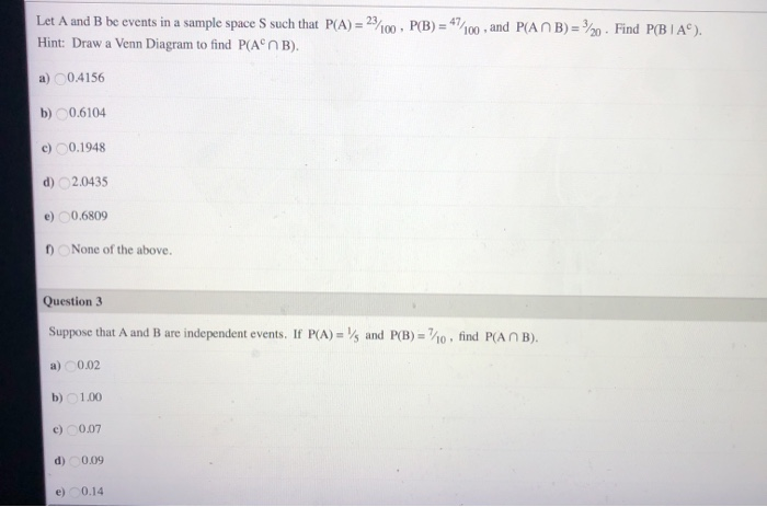 Solved Let A and B be events in a sample space S such that | Chegg.com