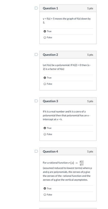 Solved Question 1 1 pts yfx)+5 moves the graph of f(x) down | Chegg.com