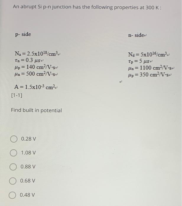 Solved An abrupt Si p-n junction has the following | Chegg.com