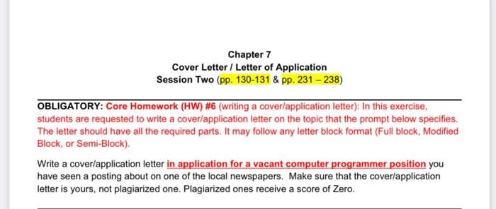 Solved Chapter 7 Cover Letter Letter Of Application Chegg Com