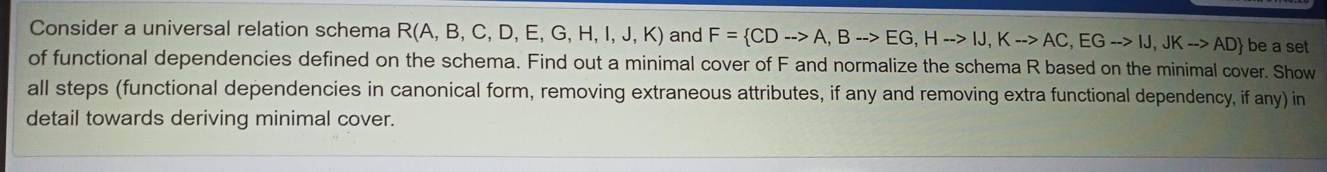 Solved = Consider A Universal Relation Schema R(A, B, C, D, | Chegg.com