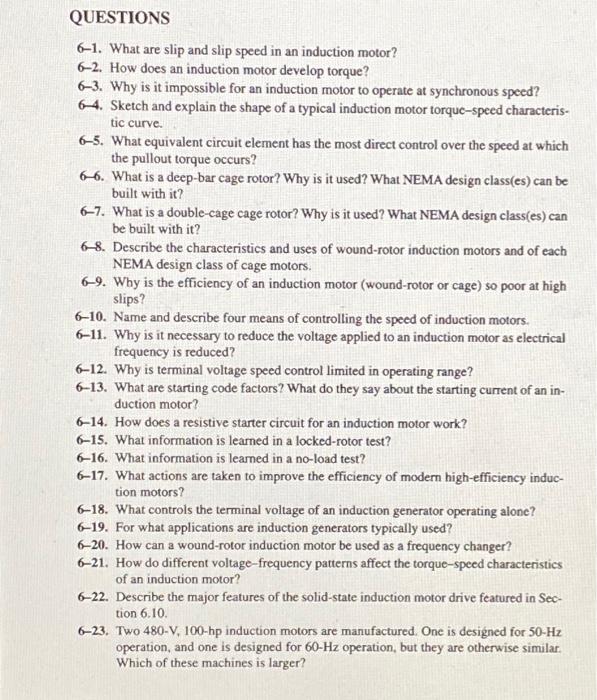 Solved QUESTIONS 61. What are slip and slip speed in an