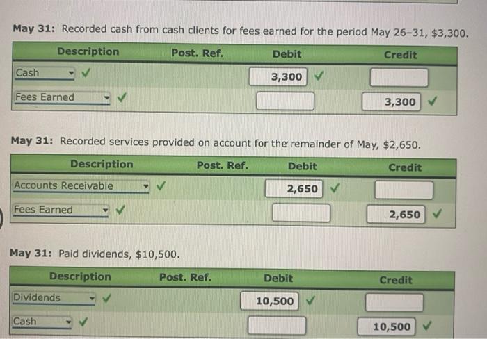 May 31: Recorded cash from cash clients for fees earned for the period May \( 26-31, \$ 3,300 \).
May 31: Recorded services p