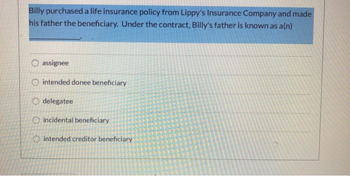 Solved Billy purchased a life insurance policy from Lippy's | Chegg.com