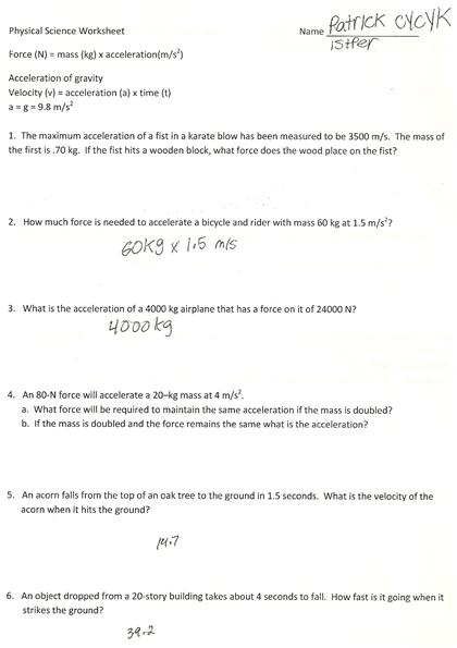 Solved SICS for the Health Worksheet on Acceleration