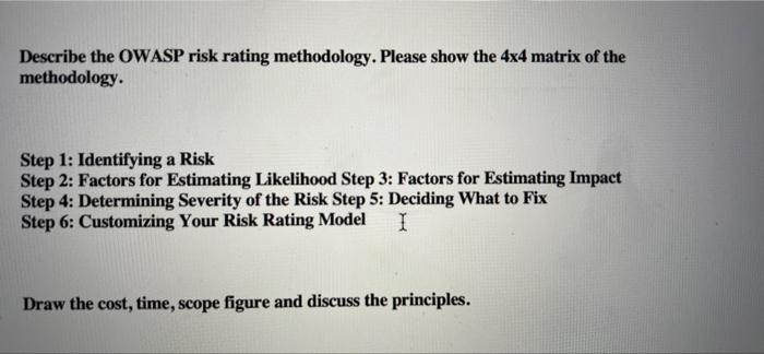 Describe the OWASP risk rating methodology. Please show the 4x4 matrix of the
methodology.
Step 1: Identifying a Risk
Step 2: