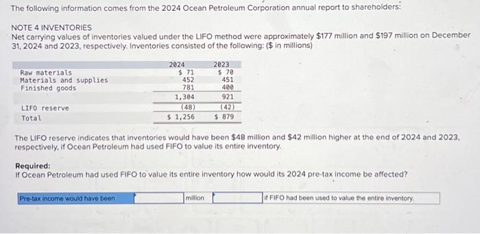 Solved The Following Information Comes From The 2024 Ocean Chegg Com   Image