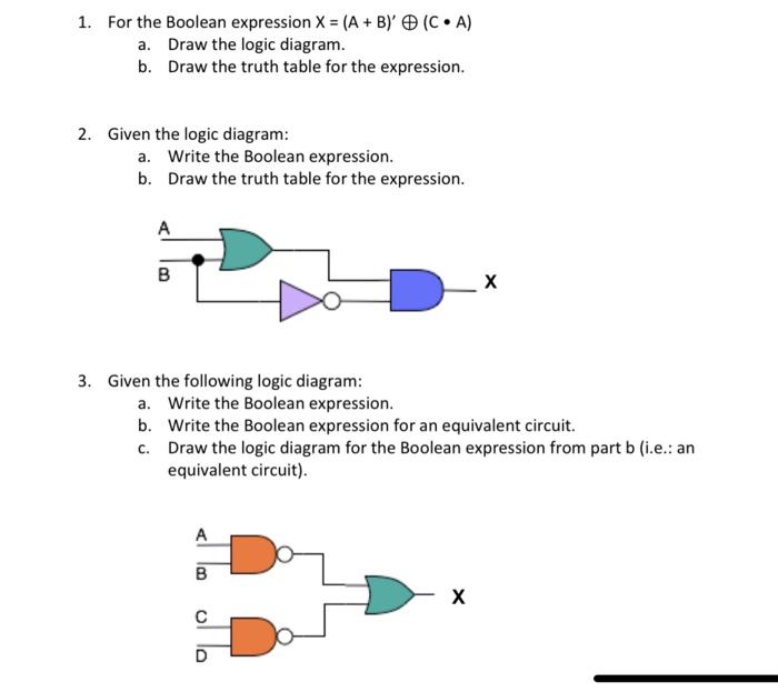 Solved 1. For The Boolean Expression X=(A+B)′⊕(C⋅A) A. Draw | Chegg.com