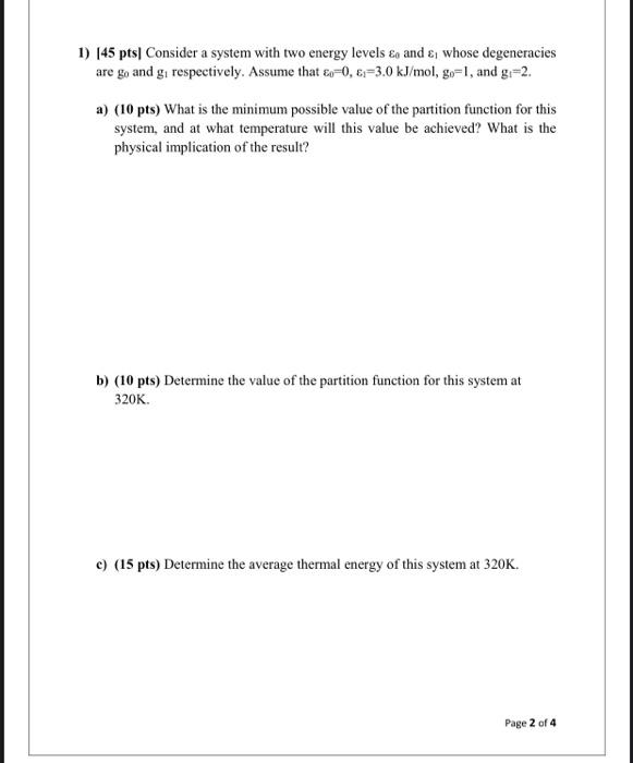 Solved 1) 145 pts Consider a system with two energy levels | Chegg.com