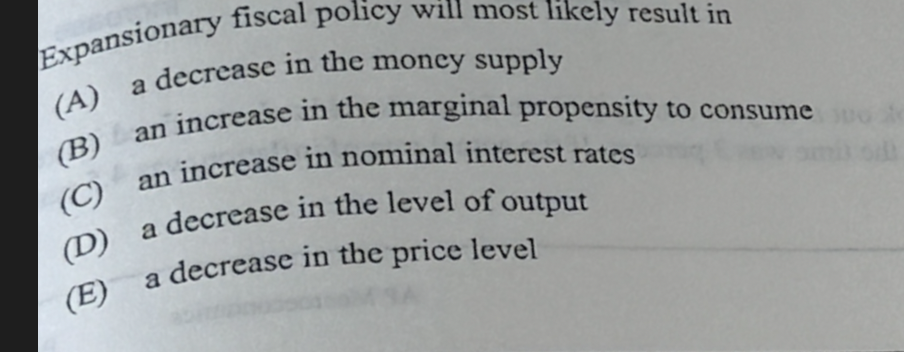 Solved Expansionary fiscal policy will most likely result | Chegg.com