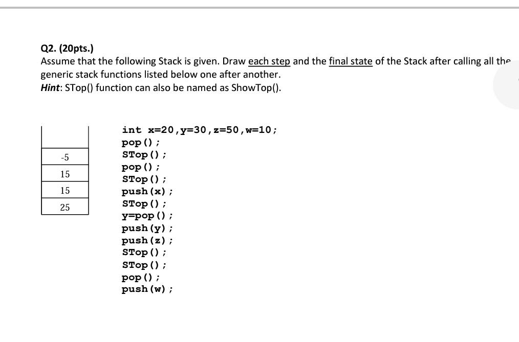 Solved Q2. (20pts.) Assume that the following Stack is | Chegg.com