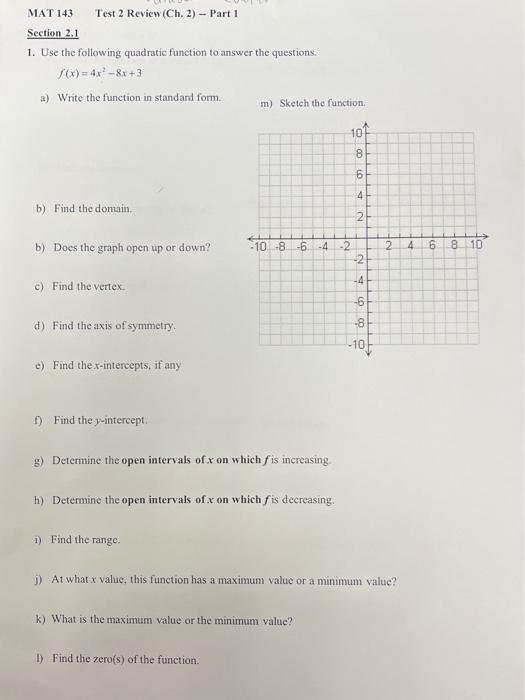 Solved MAT 143 Section 2.1 1. Use the following quadratic | Chegg.com