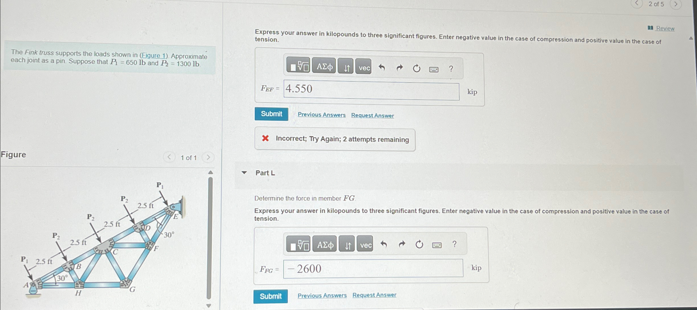 Solved 2 ﻿of 5The Fink Truss Supports The Loads Shown In | Chegg.com