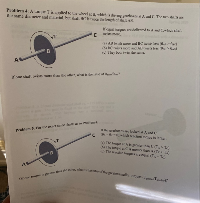 Solved Problem 4: A torque T is applied to the wheel at B. | Chegg.com
