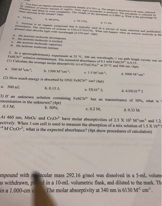 Solved You Have An Impure Chloride Containing Sample Of 0 Chegg Com