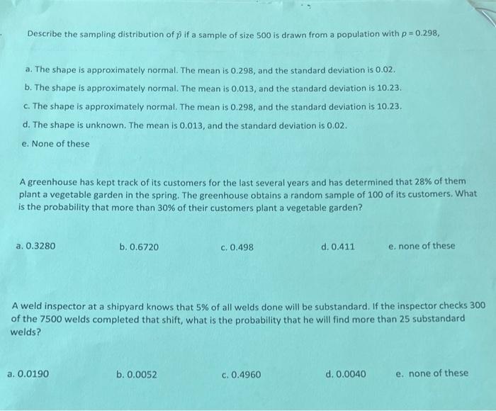 Solved Describe the sampling distribution of p^ if a sample | Chegg.com