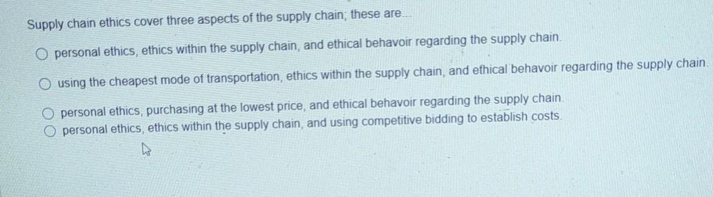 Solved Supply chain ethics cover three aspects of the supply | Chegg.com