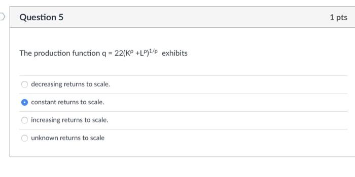 Solved Question 5 1 pts The production function q = 22(KⓇ | Chegg.com