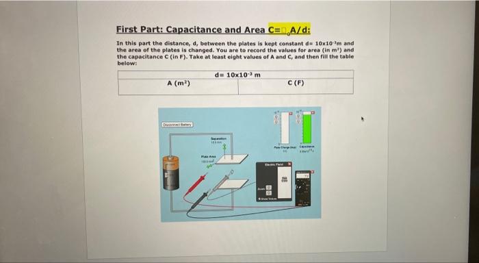 Solved First Part: Capacitance and Area C=n, A/d: In this | Chegg.com