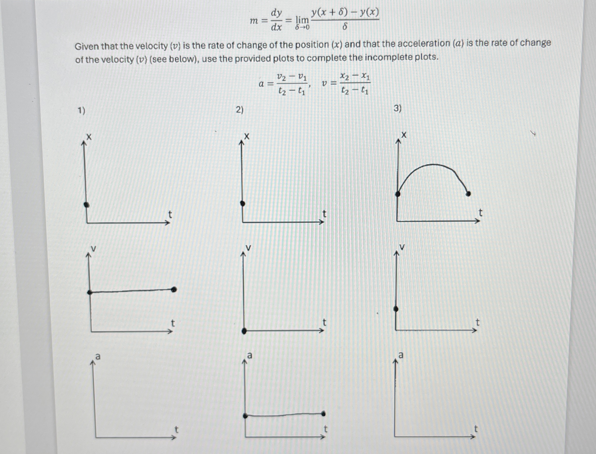 Solved m=dydx=limδ→0y(x+δ)-y(x)δGiven that the velocity (v) | Chegg.com