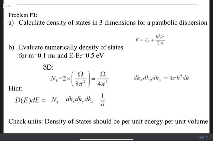 Solved 2017 Problem P1: A) Calculate Density Of States In 3 | Chegg.com ...