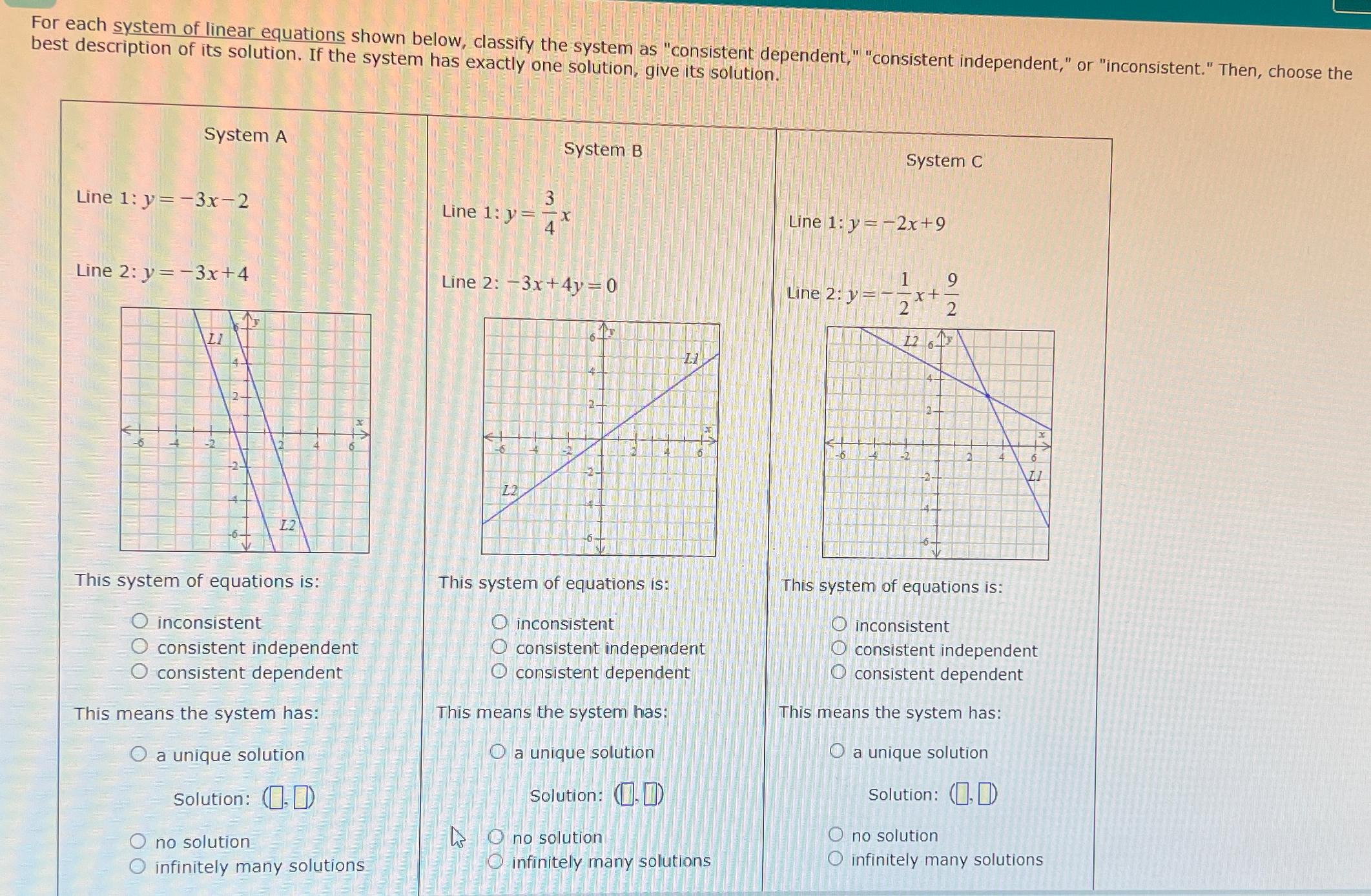 Solved For each system of linear equations shown below, | Chegg.com