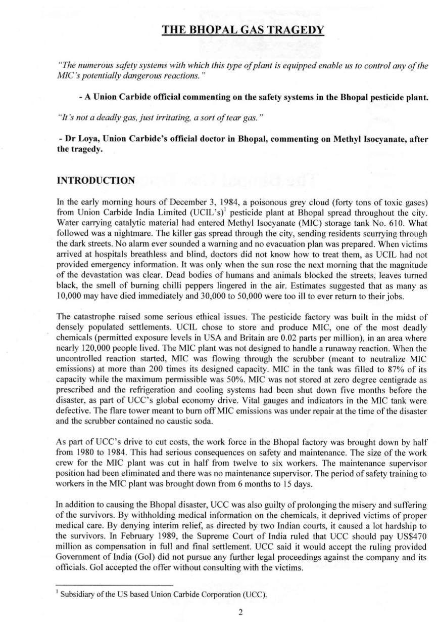 bhopal gas tragedy ethical issues involved