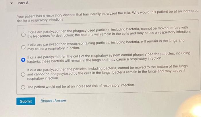 Your patient has a respiratory disease that has literally paralyzed the cilia. Why would this patient be at an increase risk