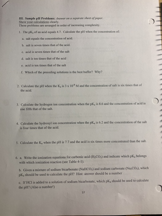 Solved III. Sample pH Problems: Answer on a separate sheet | Chegg.com