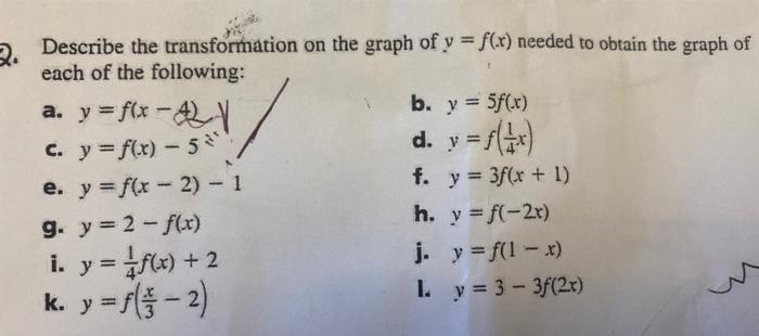 Describe the transformation on the graph of \( y=f(x) \) needed to obtain the graph of each of the following: a. \( y=f(x-4)