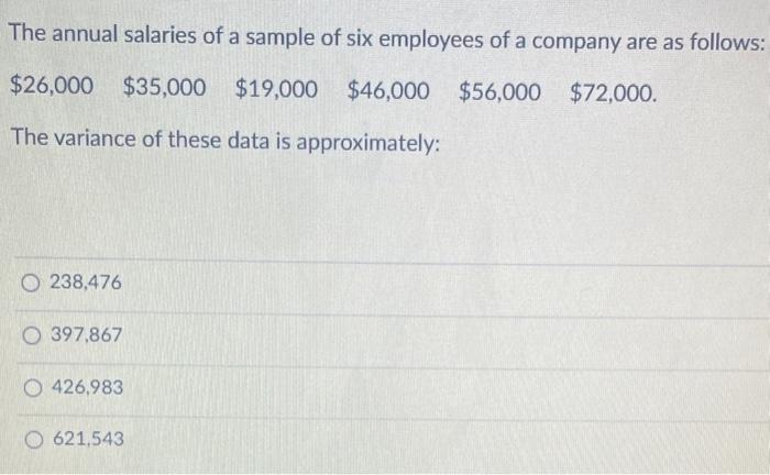 Solved The annual salaries of a sample of six employees of a | Chegg.com