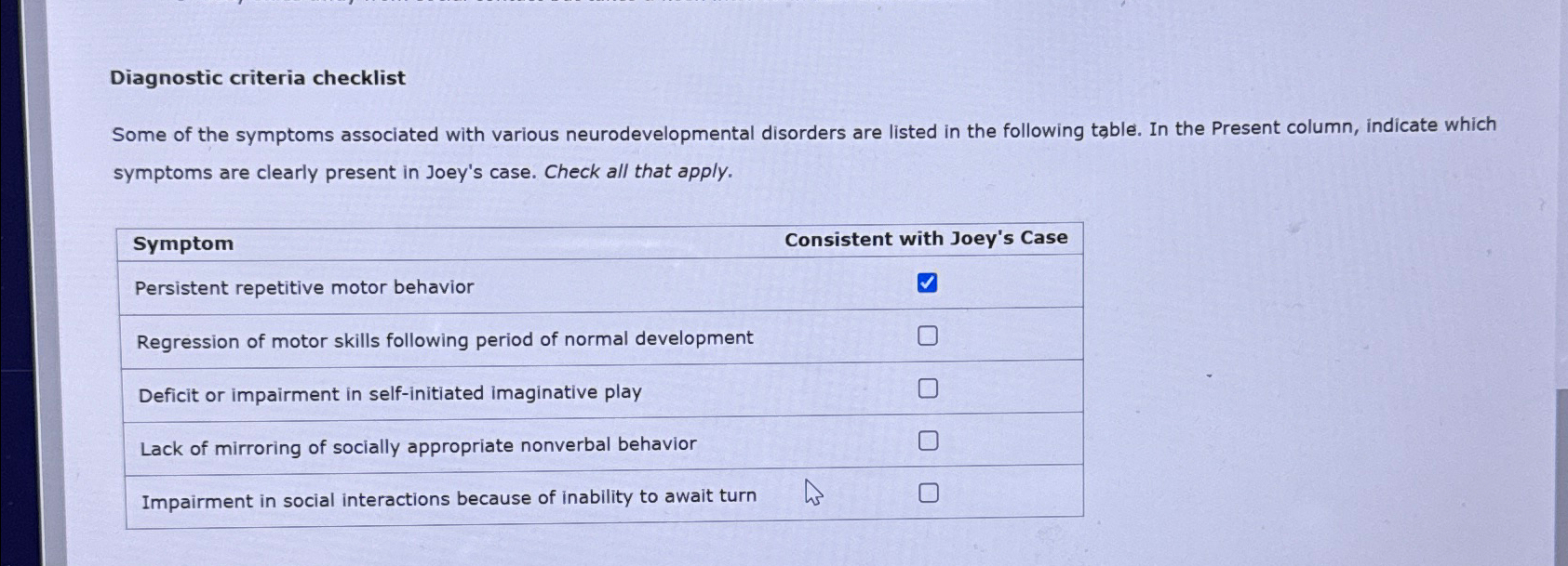 Solved Diagnostic criteria checklistSome of the symptoms | Chegg.com
