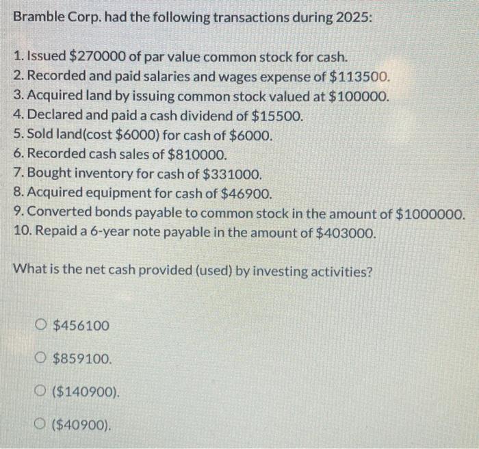 Solved Bramble Corp Had The Following Transactions During Chegg Com