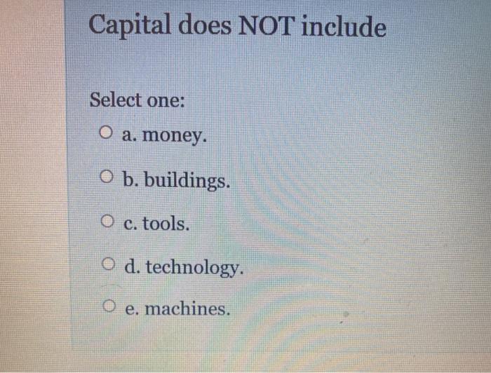 Solved Capital does NOT include Select one: O a. money. O b. | Chegg.com