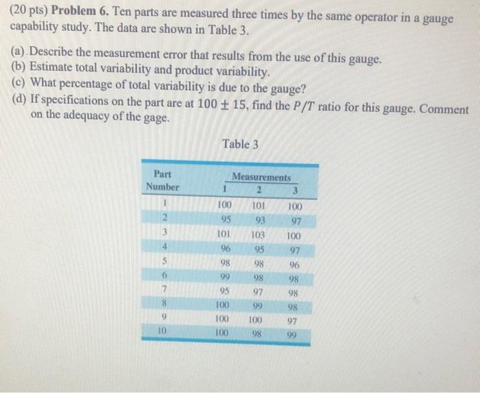 Solved (20 pts) Problem 6. Ten parts are measured three | Chegg.com
