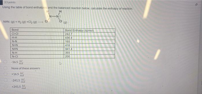 Solved 25 Points Using The Table Of Bond Enthalpies And The | Chegg.com