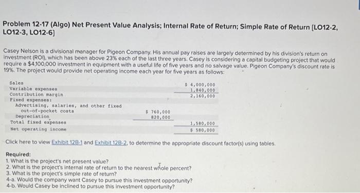 Solved Problem 12-17 (Algo) Net Present Value Analysis; | Chegg.com