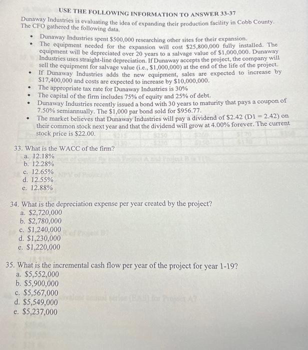 Solved USE THE FOLLOWING INFORMATION TO ANSWER 33-37 Dunaway | Chegg.com