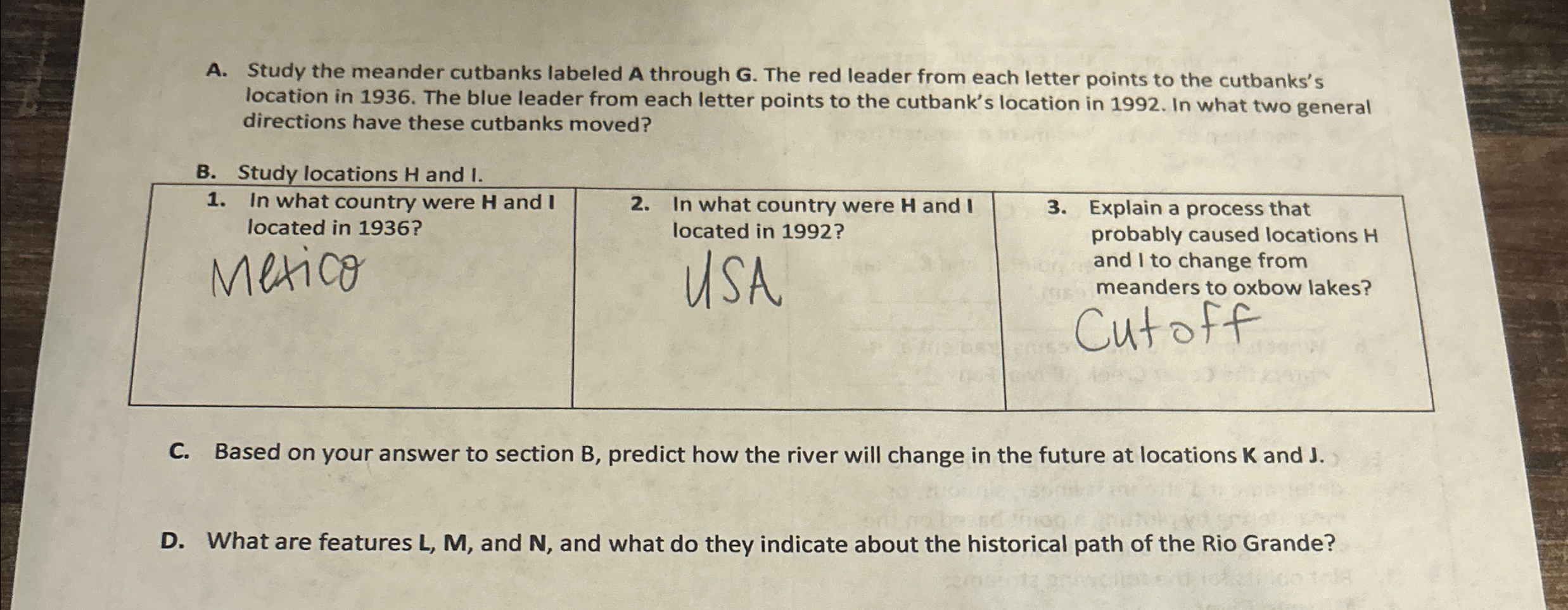 Solved A. ﻿Study the meander cutbanks labeled A through G. | Chegg.com