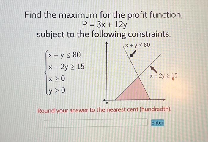 Solved Find the maximum for the profit function,P = 3x + | Chegg.com
